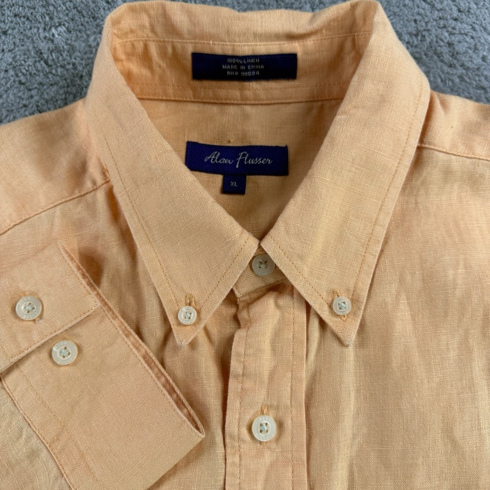 Alan Flusser Mens Linen Shirt XL Orange Button Down Long Sleeve Lightweight